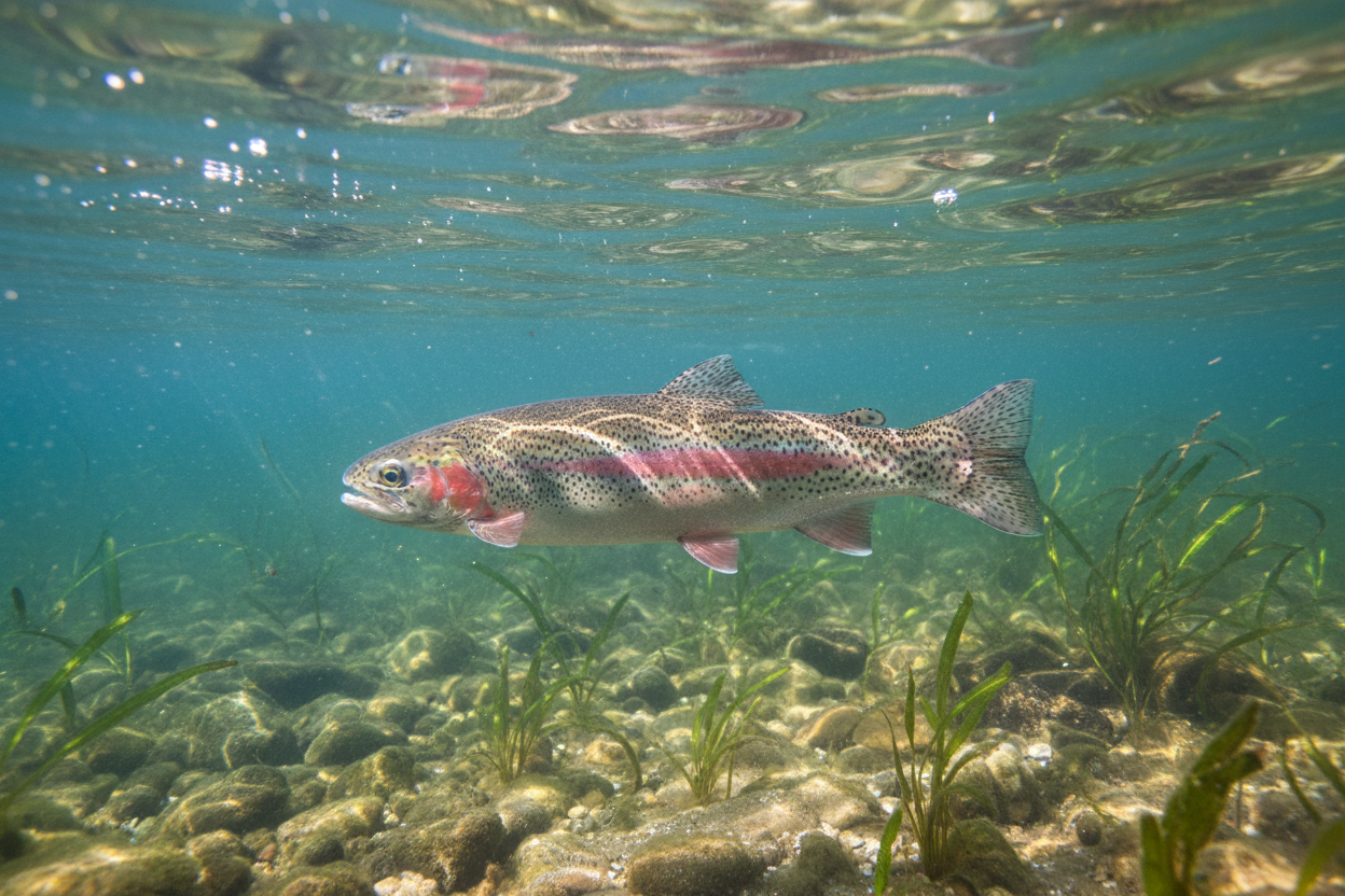 underwater image of a trout swimming